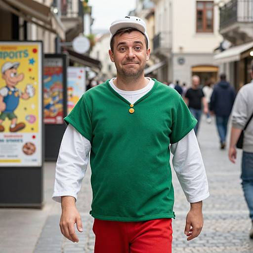 Photograph of a bearded man in a white cap, green and white shirt, and red pants, walking on a cobblestone street with colorful
