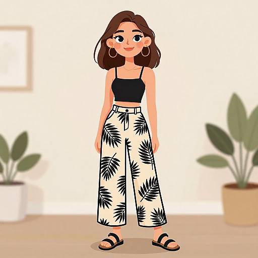 Cartoon-style drawing of a smiling woman with brown hair, wearing a black tank top, white high-waisted black leaf-patterned pants, black