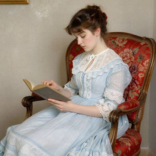 Photograph of a pale-skinned, dark-haired woman in a Victorian blue lace dress, reading a book in an ornate red floral armchair.