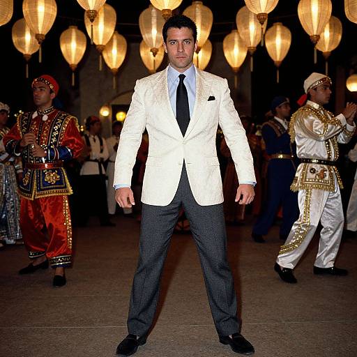 Photograph of a handsome South Asian man in a white, textured blazer and black tie, standing confidently in front of glowing lanterns, with two