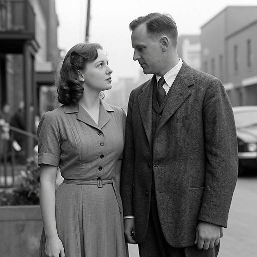 Black-and-white photograph of a 1940s-style couple standing on a street, gazing into each other's eyes. She wears a short-s
