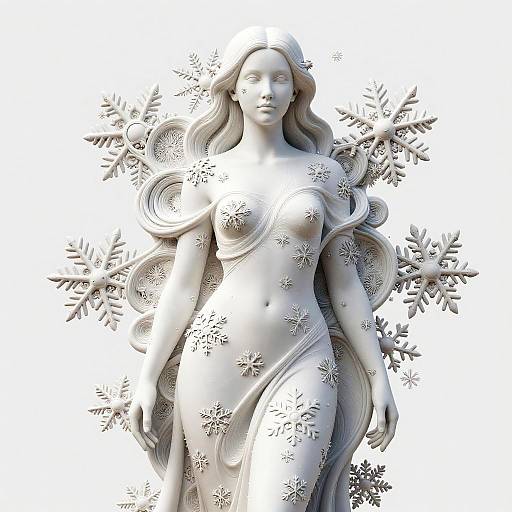 Digital sculpture of a nude, silver-haired woman with intricate snowflake patterns on her body, surrounded by large snowflakes, against a white background.
