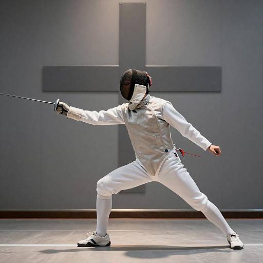 Dynamic Fencer Before Metallic Cross Wall