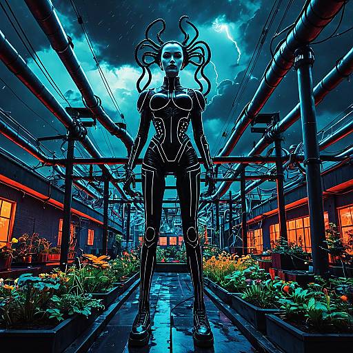 Cyberpunk Street Mystic in Neon-Lit Rooftop Garden