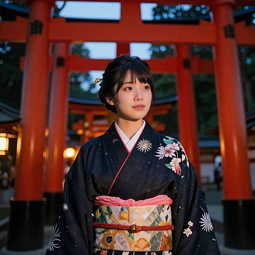 Photograph of a young Japanese woman in a black floral kimono with a colorful obi, standing in front of a red torii gate at dusk