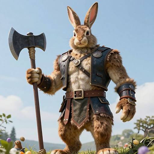 CGI image of a muscular anthropomorphic rabbit warrior with brown fur, wearing leather armor, holding a double-headed axe, standing in a sunny meadow