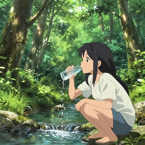 Anime Girl Drinking in Forest Stream