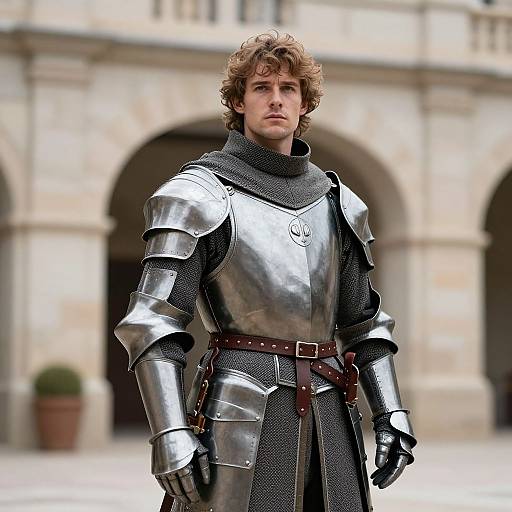 Photograph of a curly-haired young man in shiny silver medieval armor with a dark chainmail tunic, standing in front of a stone archway.