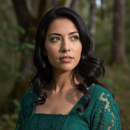 Photograph of a beautiful woman with wavy black hair, green eyes, and fair skin, wearing a green lace top, standing in a forest.