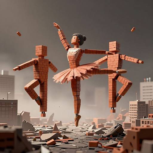 Photograph of LEGO-style ballerina and two dancers mid-leap amidst a post-apocalyptic cityscape with shattered buildings and debris. Bright sunlight highlights
