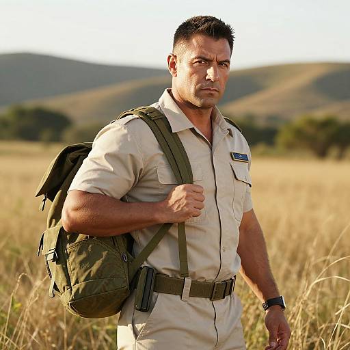 Photograph of a muscular, tan-skinned man with short black hair, wearing a beige uniform, green backpack, and wristwatch, walking through a