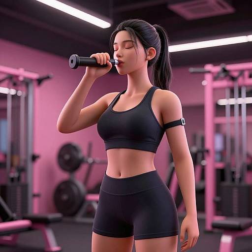 Photorealistic CGI of an Asian woman with black hair in a ponytail, singing in a pink-lit gym, wearing a black sports bra and