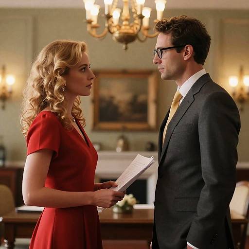 Woman and Man Facing Each Other in Elegant Room