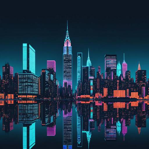 Futuristic Neon NYC Skyline with Water Reflections