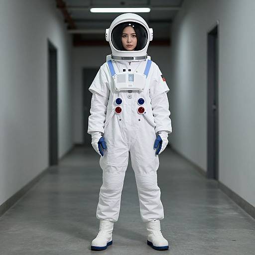 Photograph of an Asian woman in a white spacesuit with a clear helmet, standing in a long, dimly lit, white hallway.