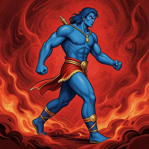 Digital artwork of a muscular, blue-skinned, Hindu deity with long blue hair, red cloth, gold accessories, and fiery red background.