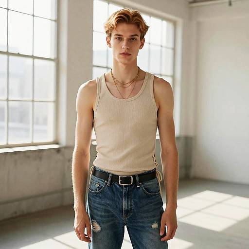 Photograph of a slim, young, Caucasian man with light brown hair, wearing a white ribbed tank top, blue distressed jeans, black belt,