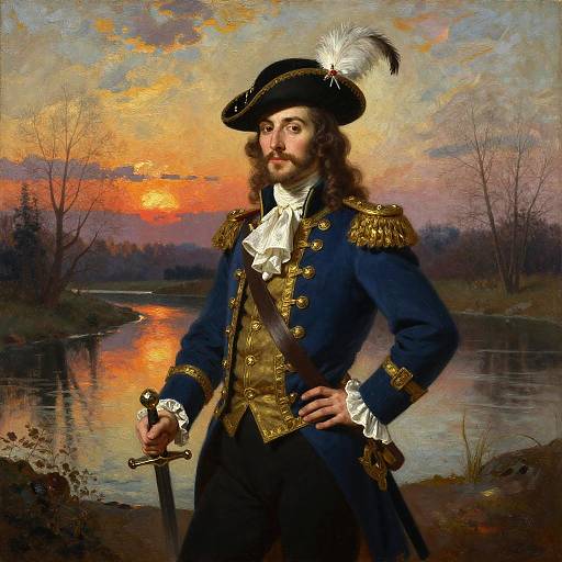 Portrait of a bearded, long-haired 18th-century naval officer in a blue coat with gold epaulettes, white cravat,