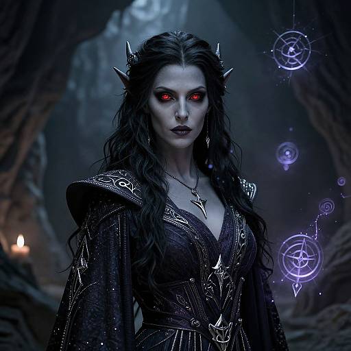 Digital artwork of a dark-haired, pale-skinned demon queen with red eyes, black ornate dress, horned crown, glowing mystical symbols, and