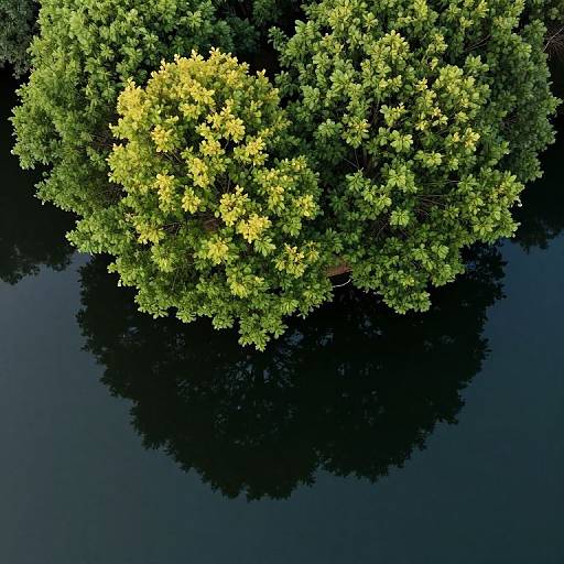 Aerial photograph of a lush, green tree reflected in a dark, calm body of water. Bright yellow foliage contrasts with the surrounding darker green leaves.