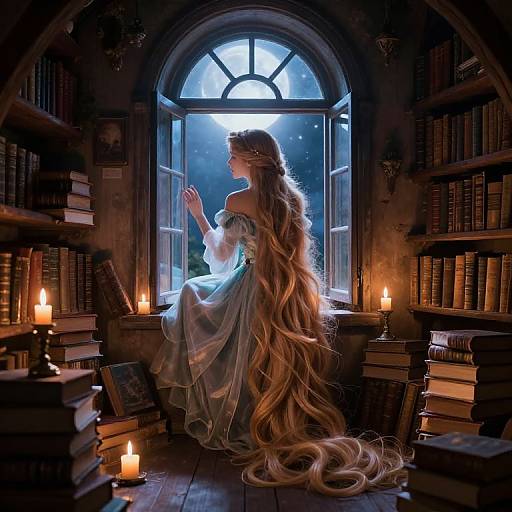 Fantasy painting of a fair-skinned woman with long, flowing blonde hair in a blue gown, sitting by a moonlit window, surrounded by candles