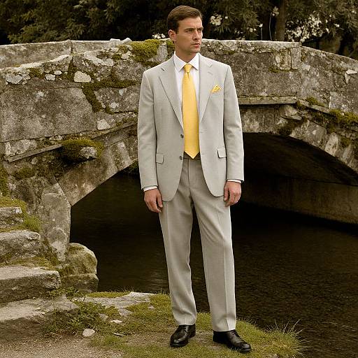 Man in Tailored Suit on Ancient Bridge