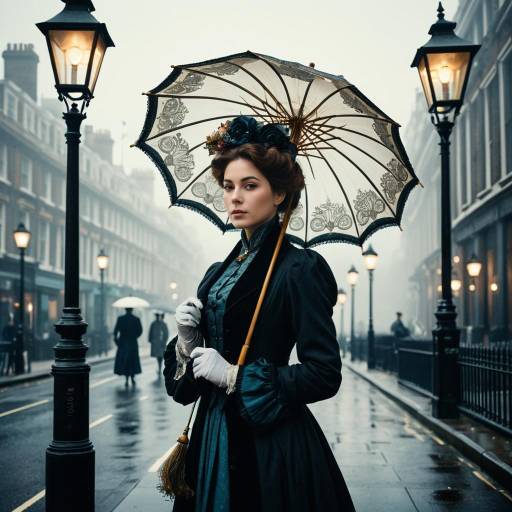 Elegant Victorian Lady with Ornate Parasol on Foggy London Street