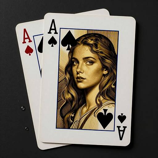 Photorealistic digital illustration of Ace of Spades and Ace of Hearts, featuring a wavy-haired woman with intense gaze, against a black background.