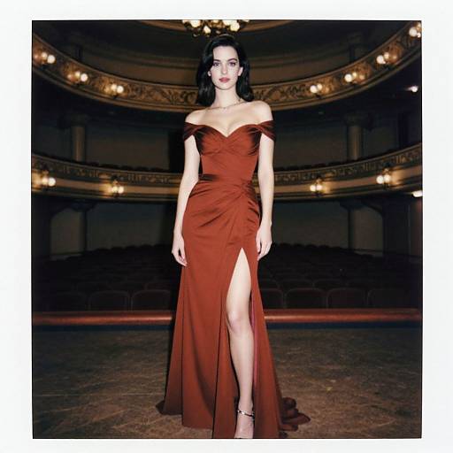 Photograph of a pale-skinned woman with dark hair, wearing an off-shoulder, red, high-slit evening gown, standing in an