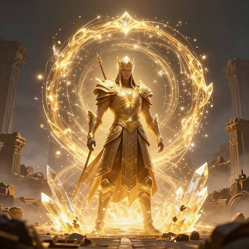 Digital artwork of a glowing, armored king with a crown, standing in fiery ruins, surrounded by magical golden rings and crystal shards.