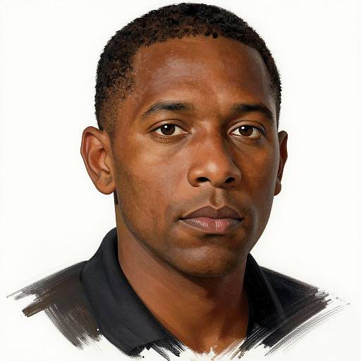 Photorealistic portrait of a serious-looking African American man with short curly hair, medium brown skin, and dark brown eyes, wearing a black shirt against
