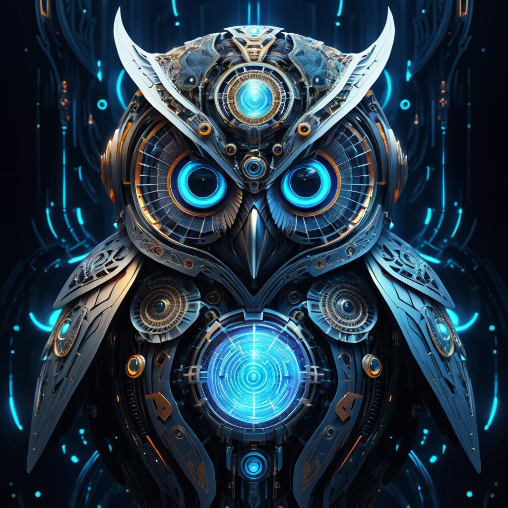 Intricate Cybernetic Owl in Alien Worlds