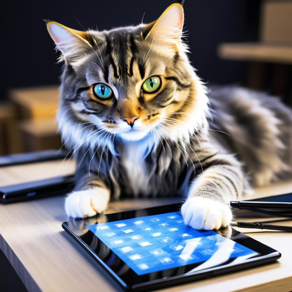 Cat Engrossed in Tablet Work