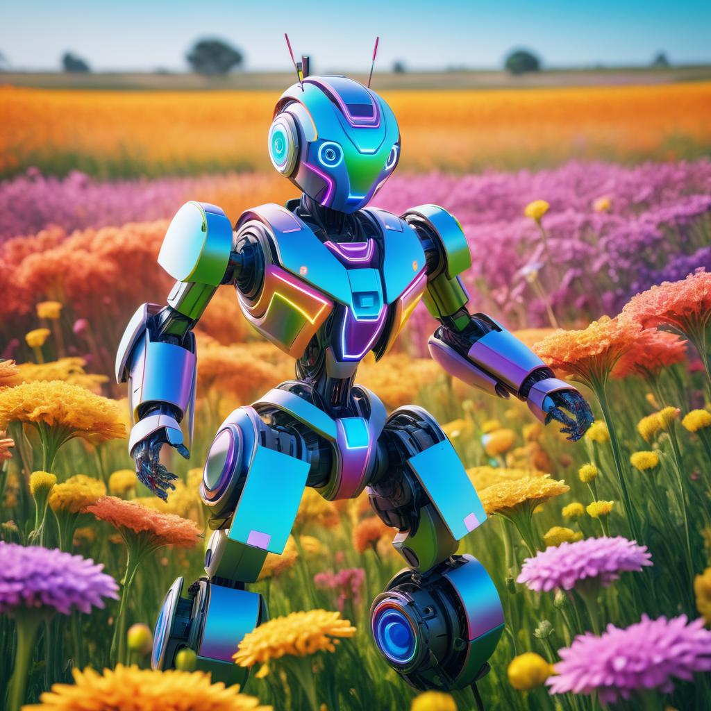 Surreal Robot Dance in Flower Field