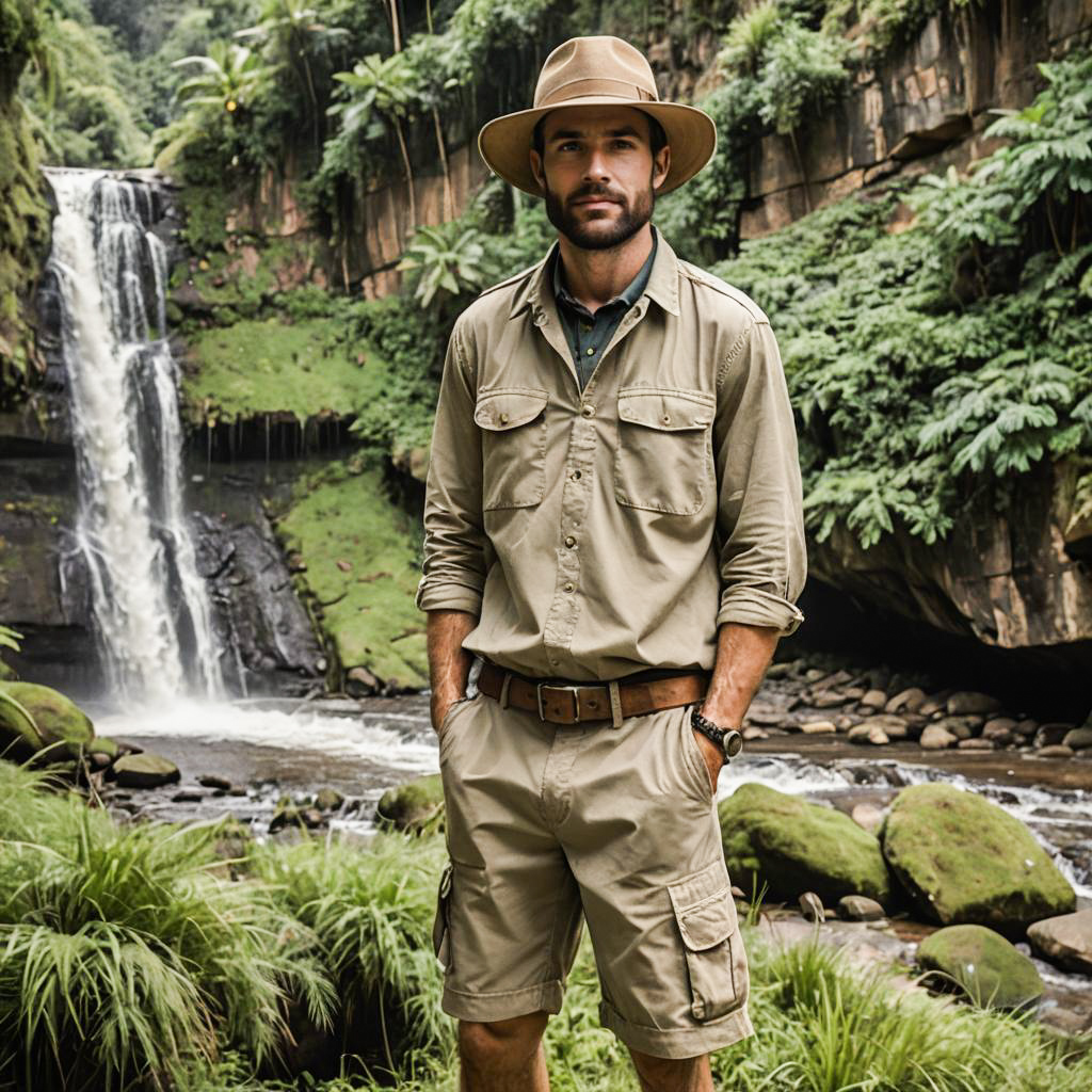 Rugged Adventurer by Waterfall Scene