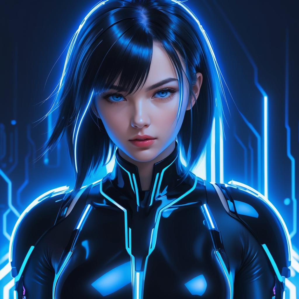 Realistic Anime Cyborg Portrait with Neon Circuits