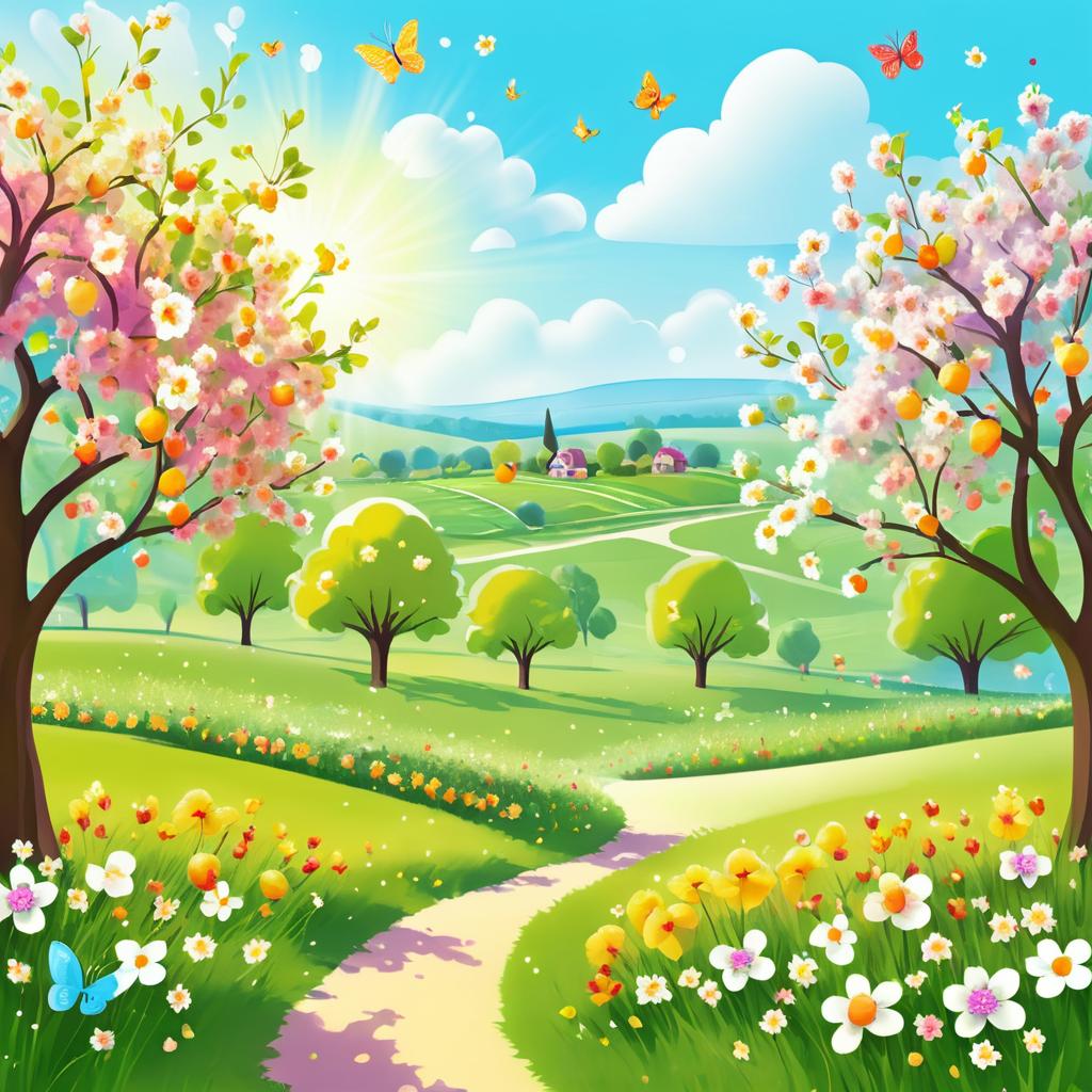 Cheerful Orchard Illustration with Butterflies