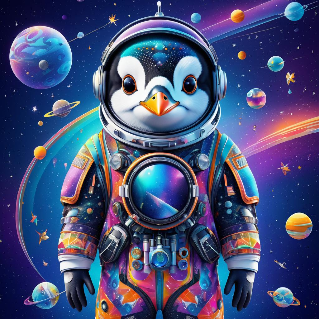 Whimsical Penguin in Cosmic Spacesuit Art