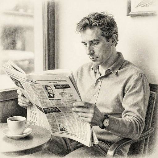 Man Reading Newspaper in Cafe Pencil Drawing