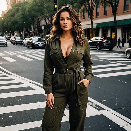Woman in Olive Green Utility Jumpsuit at Crosswalk