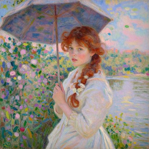 Impressionist painting of a red-haired girl with braids, holding an umbrella amidst blooming flowers, wearing a white dress, beside a reflective pond