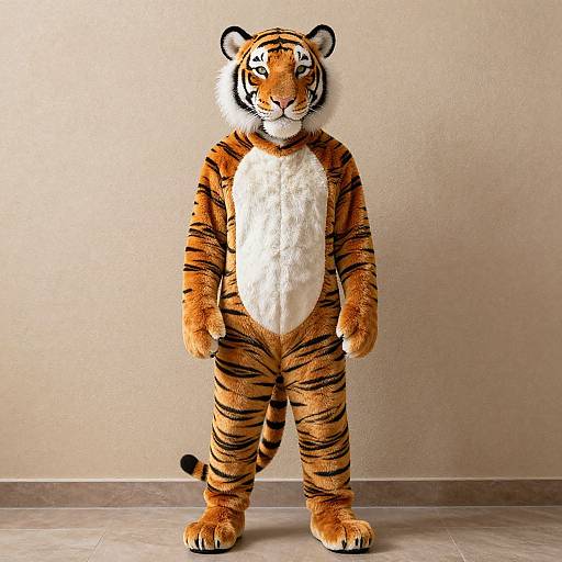 Photograph of a standing anthropomorphic tiger with orange fur, black stripes, white chest, and realistic texture, against a beige wall and gray floor.