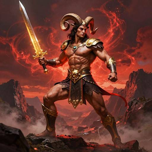 Digital artwork of a muscular demon warrior with ram horns, holding a glowing sword, standing on rocky terrain under a fiery red sky.