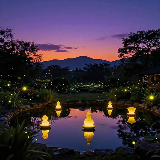 Photograph of a twilight garden with glowing lanterns floating in a reflective pond, silhouetted trees, and a vibrant purple-orange sunset over mountains