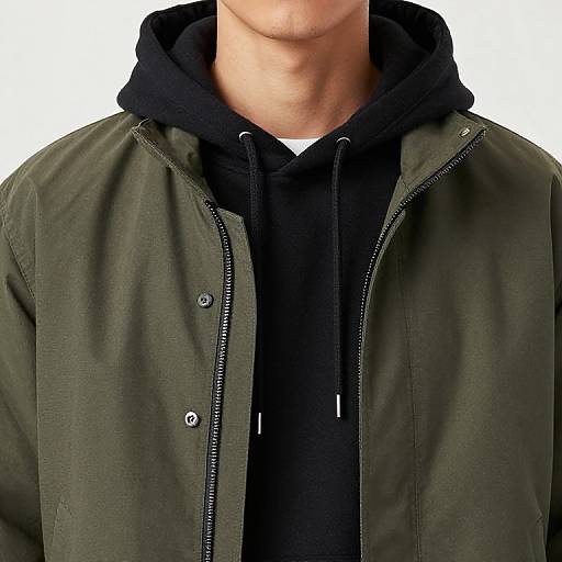 Photograph of a man's upper torso in a black hoodie and olive green, zip-up jacket, with a white background.