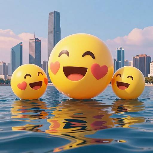 Three cheerful, yellow emoji balls with heart cheeks floating in a reflective lake, city skyline with skyscrapers in the background. Bright, sunny day.