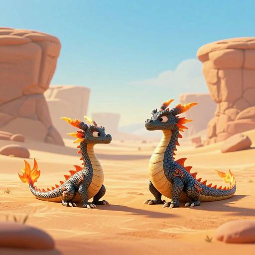Digital artwork of two blue-scaled, orange-spiked, fire-tailed dragon creatures standing in a sunlit, rocky desert with large boulders