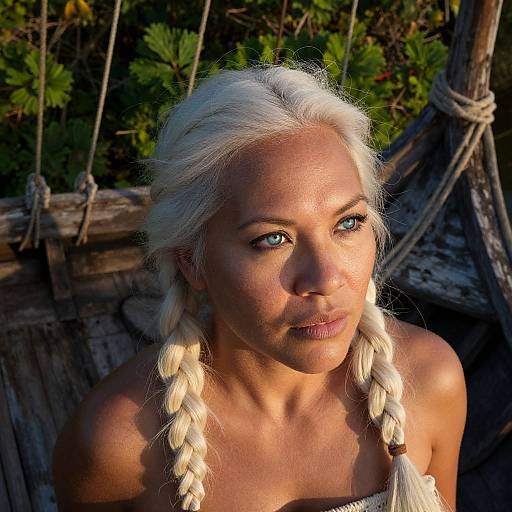 Photograph of a blonde woman with blue eyes and braided hair, wearing a white top, against a rustic wooden background with green foliage. Warm sunlight