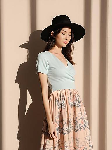 Woman in Boho Chic Floral Skater Dress with Black Hat
