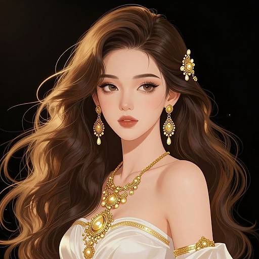 Digital art of an elegant East Asian woman with long, wavy brown hair, wearing gold jewelry, white off-shoulder dress, black background.